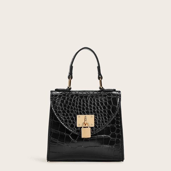 

Metal Lock Decor Croc Embossed Satchel Bag, Black