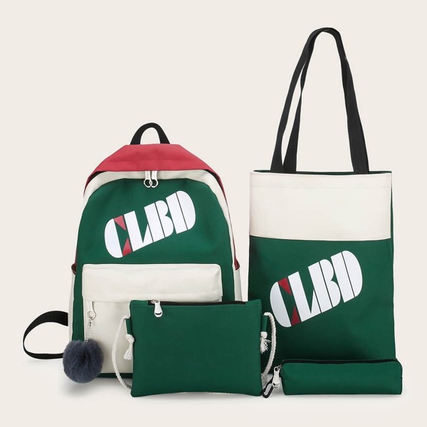 

Letter Print Pom Pom Decor Backpack With Pencil Case 4pcs, Multicolor