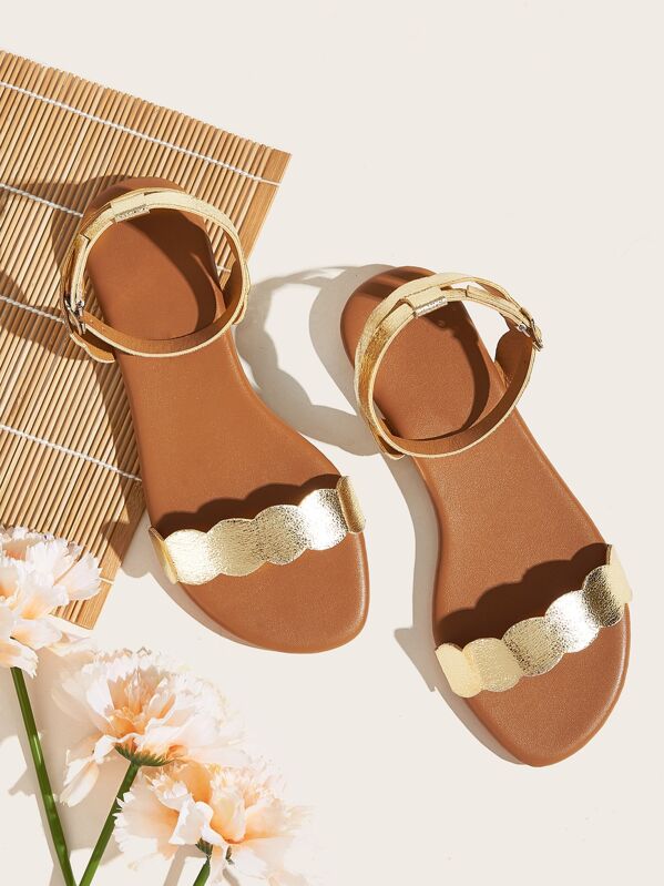 

Scalloped Ankle Strap Flat Sandals, Multicolor