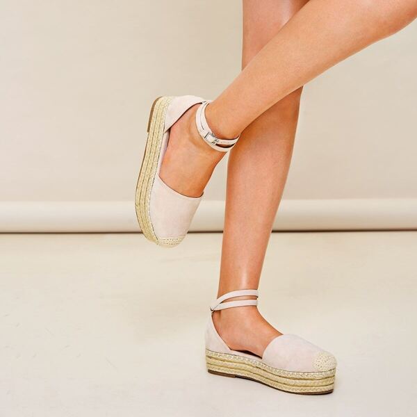 

Cap Toe Ankle Strap Espadrille Flats, Apricot