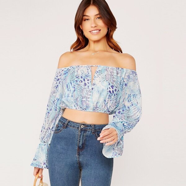 

Off Shoulder Animal Print Long Sleeve Top, Blue