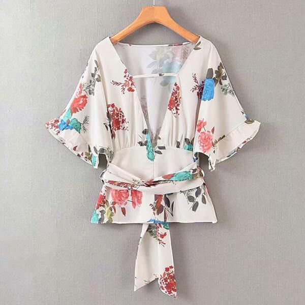 

Floral Print Frill Cuff Belted Blouse