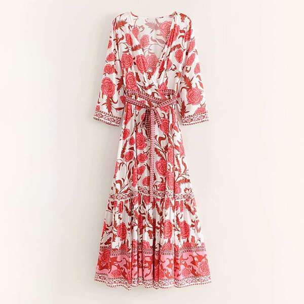 

Allover Floral Print Surplice Belted Dress