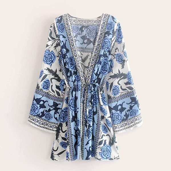 

Deep V-neck Floral Print Drawstring Waist Dress, Multicolor