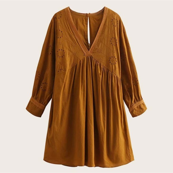 

V-neck Eyelet Embroidery Smock Dress, Brown