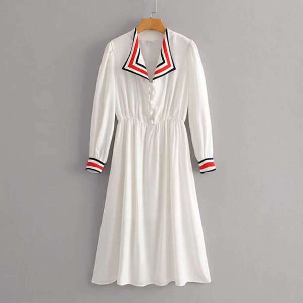 

Contrast Stripe Trim Covered Button Dress