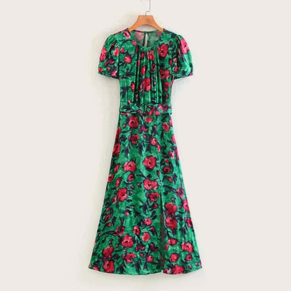 

Allover Floral Print Slit Side Belted Dress, Multicolor