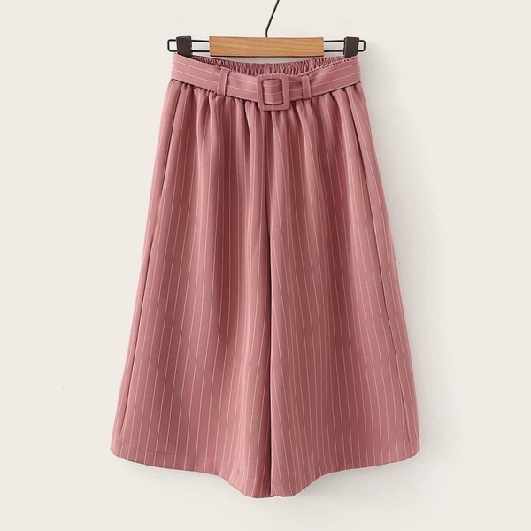 

Vertical-Striped Wide Leg Belted Shorts