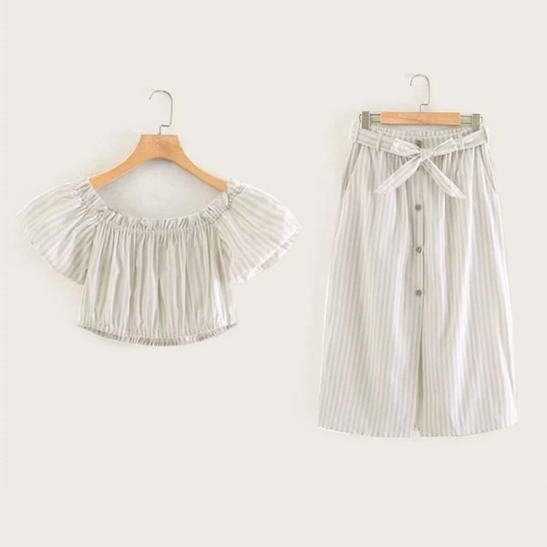 

Off-shoulder Stripe Top & Belted Skirt