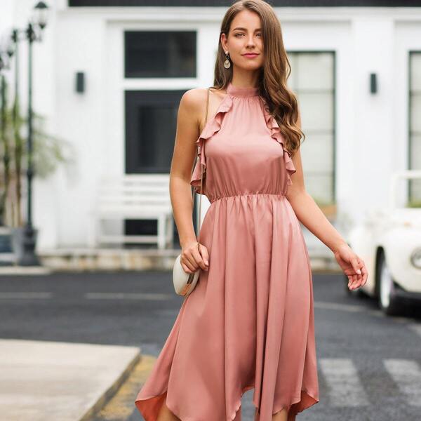 

Tie Back Backless Hanky Hem Halter Dress