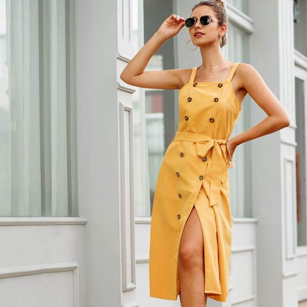 

Double Breasted Solid Belted Cami Dress