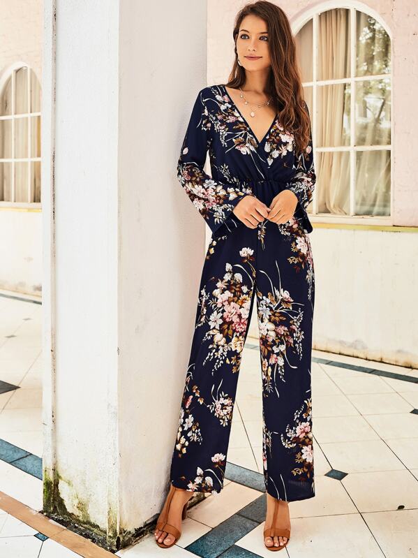 

Large Floral Print Surplice Jumpsuit, Navy