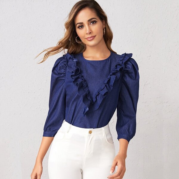 

Ruffle Trim Puff Sleeve Denim Top