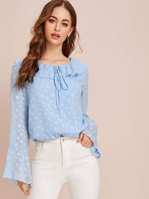 

Блуза с воротником-бантом и оригинальным рукавом, Синий, Sonya