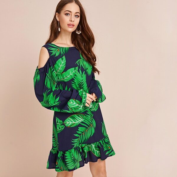 

Tropical Print Cold Shoulder Ruffle Hem Dress, Navy