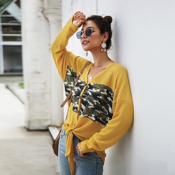 

Camo Print Panel Button Front Cardigan, Yellow