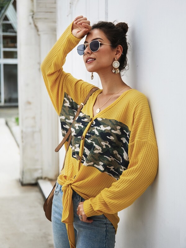 

Camo Print Panel Button Front Cardigan, Yellow