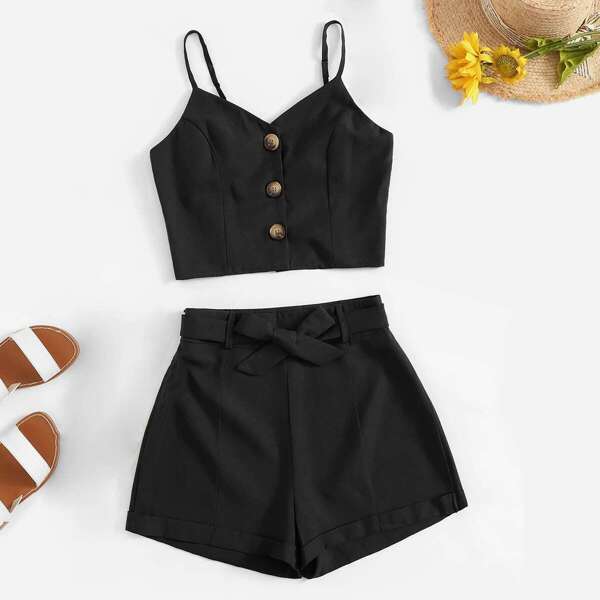 

Solid Button Front Cami Top & Belted Shorts