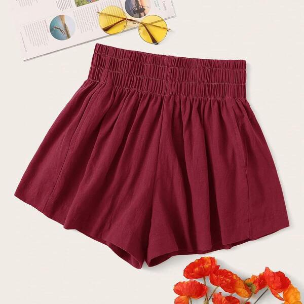 

Solid Shirred Waist Wide Leg Shorts