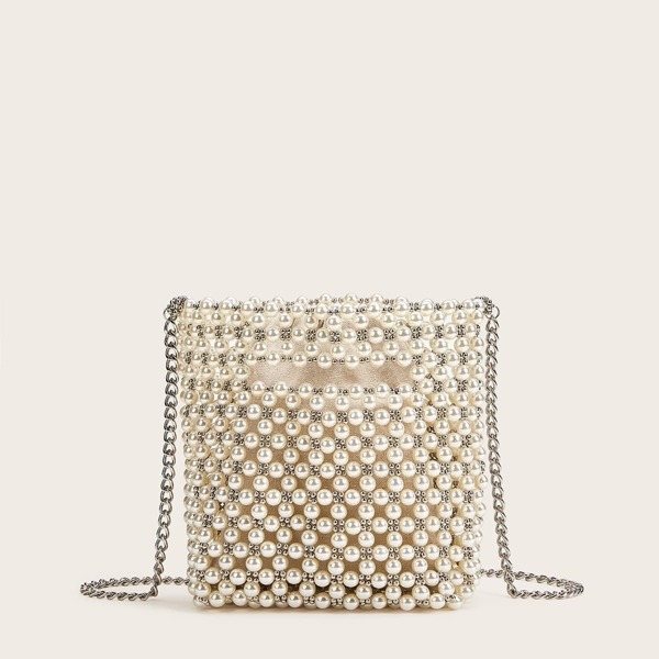 

Faux Pearl Decor Chain Bag With Drawstring, White