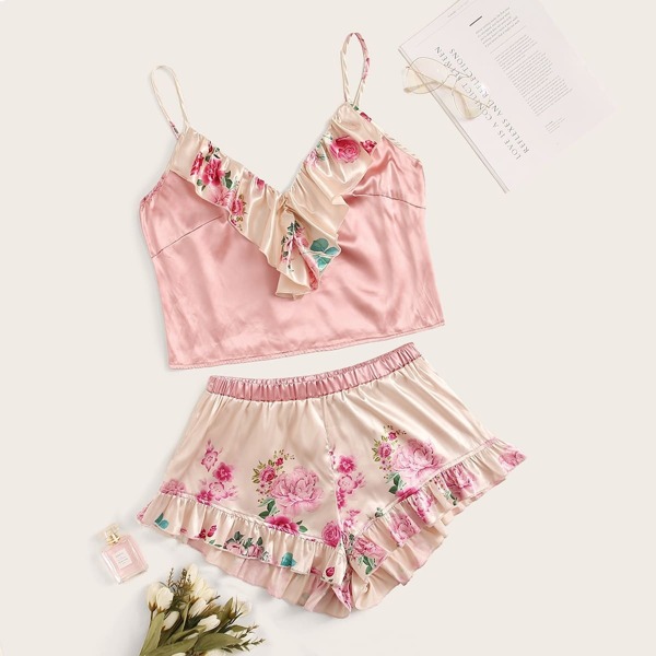 

Plus Floral Ruffle Trim Satin Pajama Set, Pink