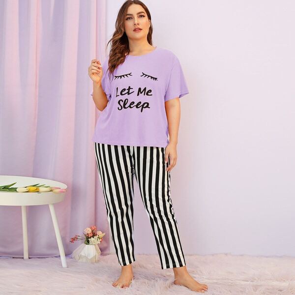 

Plus Eyelash & Letter Print Striped Pajama Set