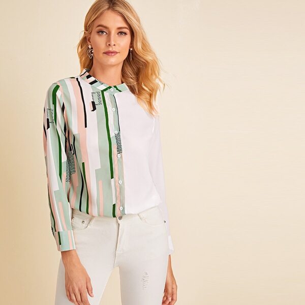 Stripe Print Single Breasted Blouse
