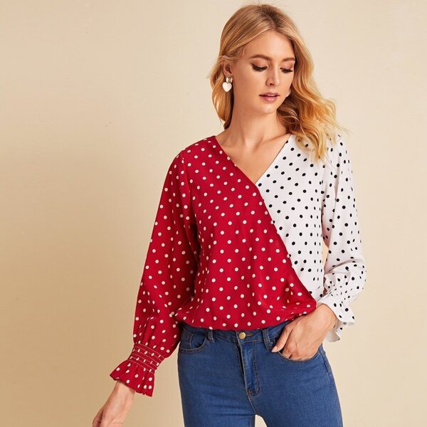 

Polka Dot Flounce Sleeve Spliced Blouse