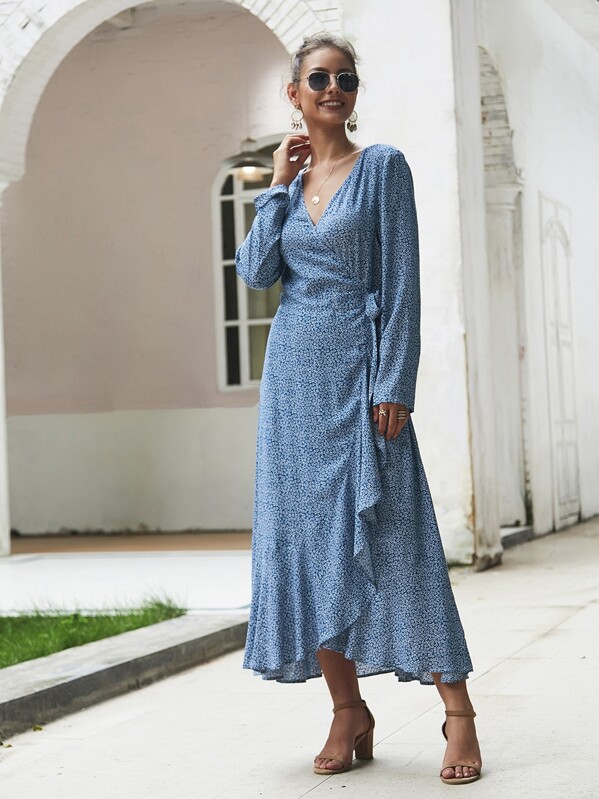 

Ditsy Floral Tie Side Wrap Dress, Blue
