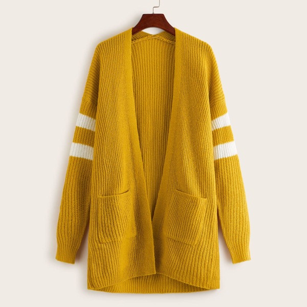 

Stripe Pattern Dual Pockets Sweater Coat