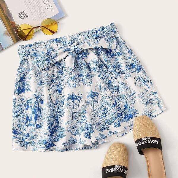 

Tropical And Animal Print Belted Shorts
