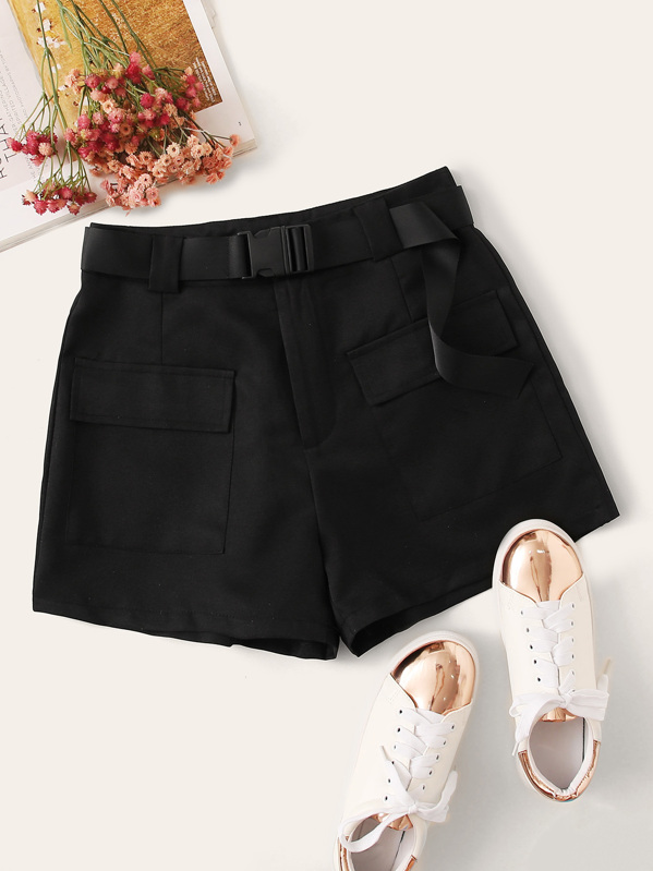 

Flap Pockets Buckle Belted Cargo Shorts, Black