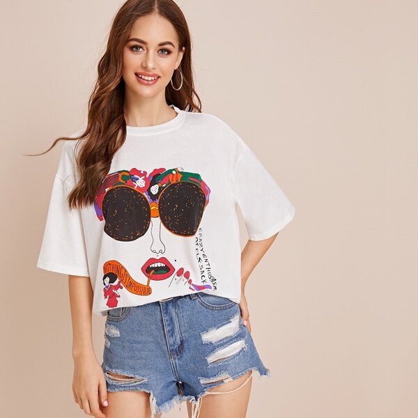

Comic And Letter Print Half Sleeve Tee, White