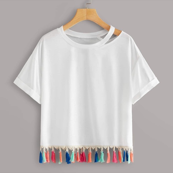 

Fringe Hem Cut Out Tee, White