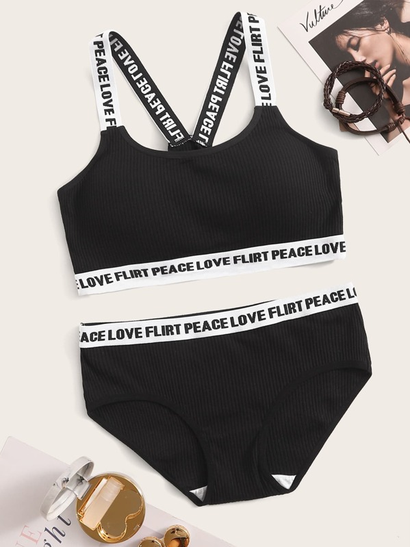 

Letter Tape Trim Rib Lingerie Set, Black