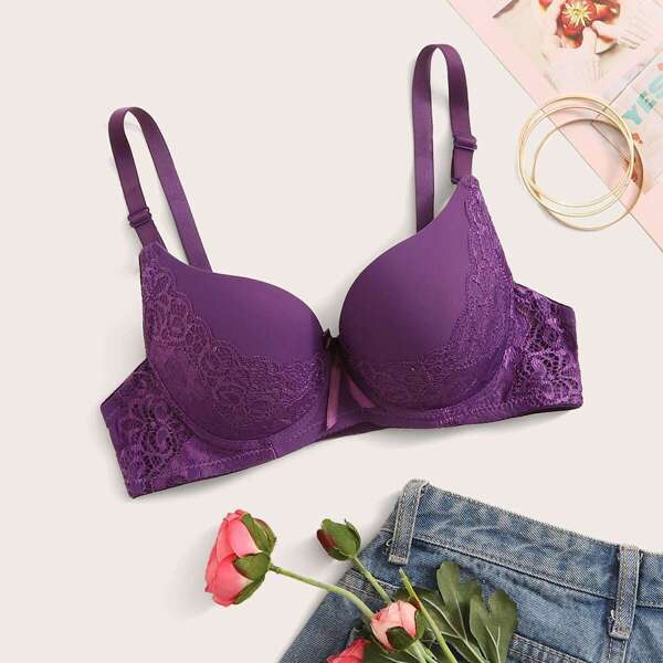 

Floral Lace Underwire Bra, Purple