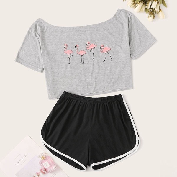 

Flamingo Graphic Contrast Binding Pajama Set, Multicolor