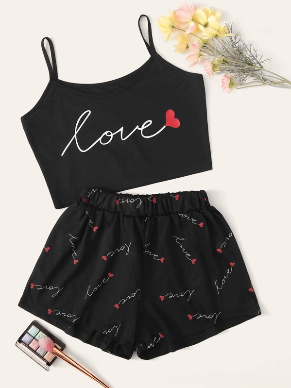 

Heart & Letter Print Cami Pajama Set, Black