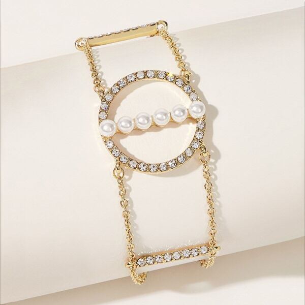 

Faux Pearl Rhinestone Engraved Round Decor Chain Bracelet 1pc
