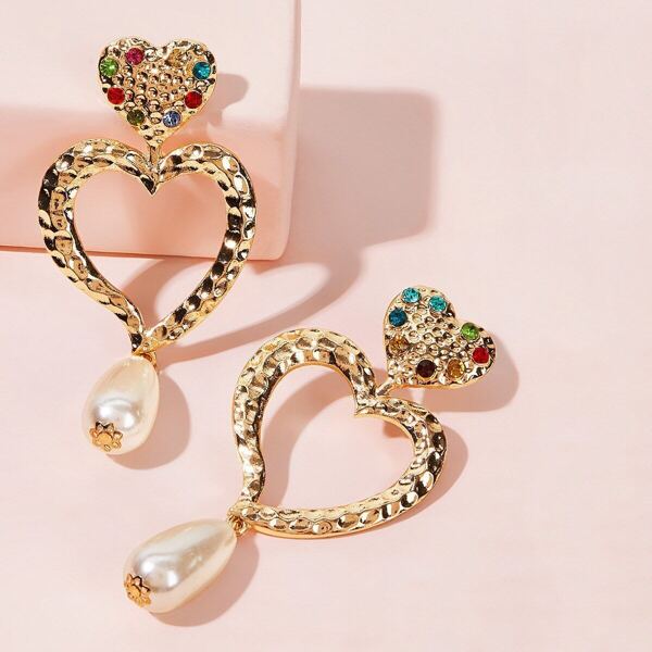 

Rhinestone Engraved Heart & Faux Pearl Drop Earrings 1pair