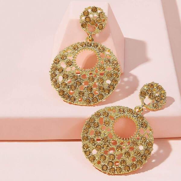 

Rhinestone Engraved Hollow Out Round Drop Earrings 1pair, Gold
