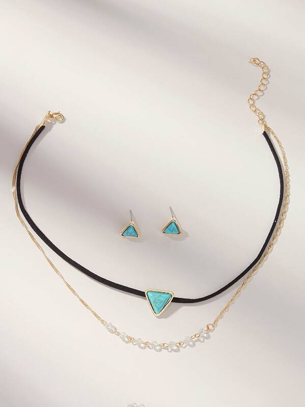 

Geometric Turquoise Decor Layered Necklace & Earrings 3pcs