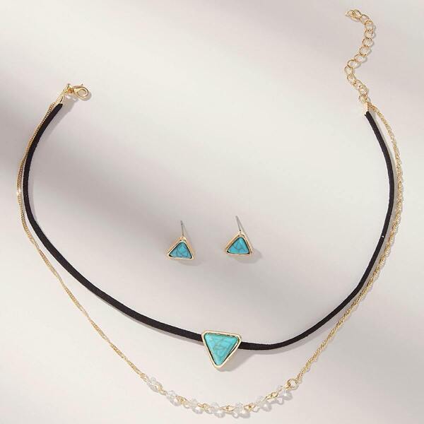 

Geometric Turquoise Decor Layered Necklace & Earrings 3pcs