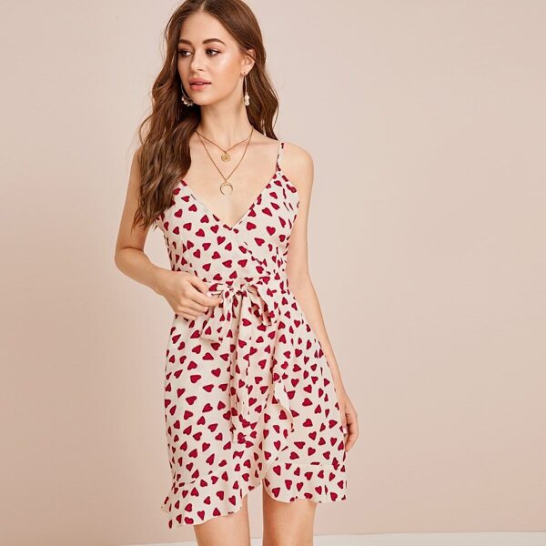 

Heart Print Ruffle Hem Belted Cami Dress