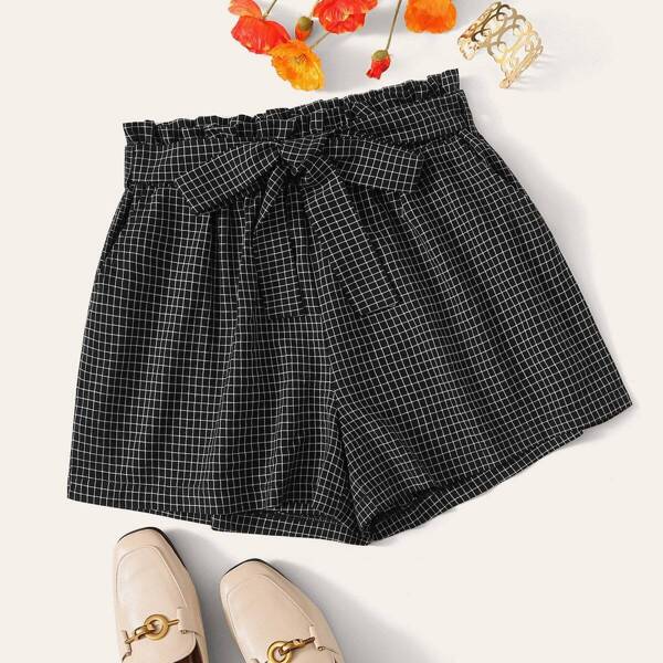 

Plaid Paper Bag Waist Self Tie Shorts