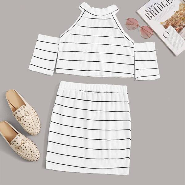 

Cold Shoulder Striped Top With Skirt, Black and white