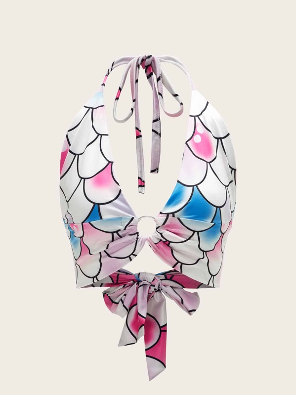 Tie Back Ring Front Halter Top, Multicolor