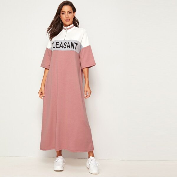 

Letter Print Color-block Half Placket Dress, Pink