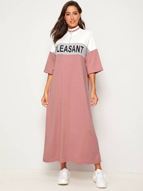 

Letter Print Color-block Half Placket Dress, Pink, Mary P.