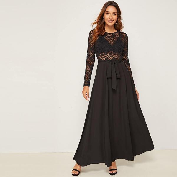

Sheer Lace Bodice Self Belted Flared Dress, Black